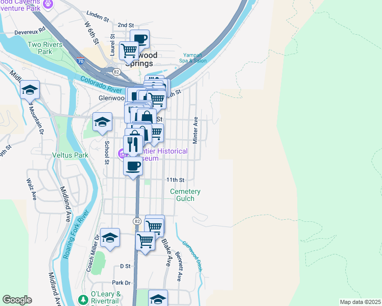 map of restaurants, bars, coffee shops, grocery stores, and more near 922 Palmer Avenue in Glenwood Springs