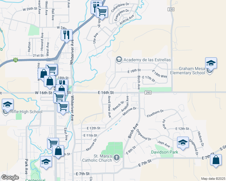 map of restaurants, bars, coffee shops, grocery stores, and more near 709 East 17th Street in Rifle