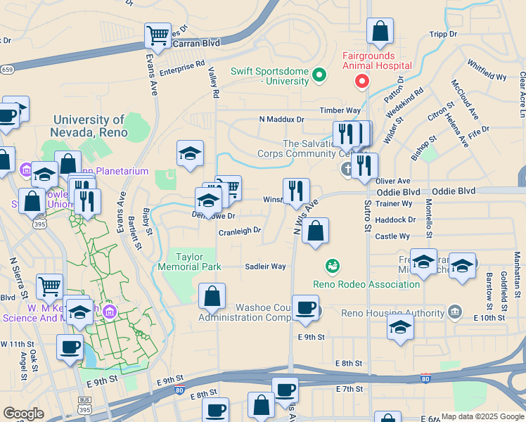 map of restaurants, bars, coffee shops, grocery stores, and more near 675 Denslowe Drive in Reno