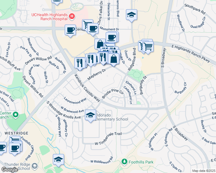 map of restaurants, bars, coffee shops, grocery stores, and more near 9414 Rockhurst Street in Highlands Ranch