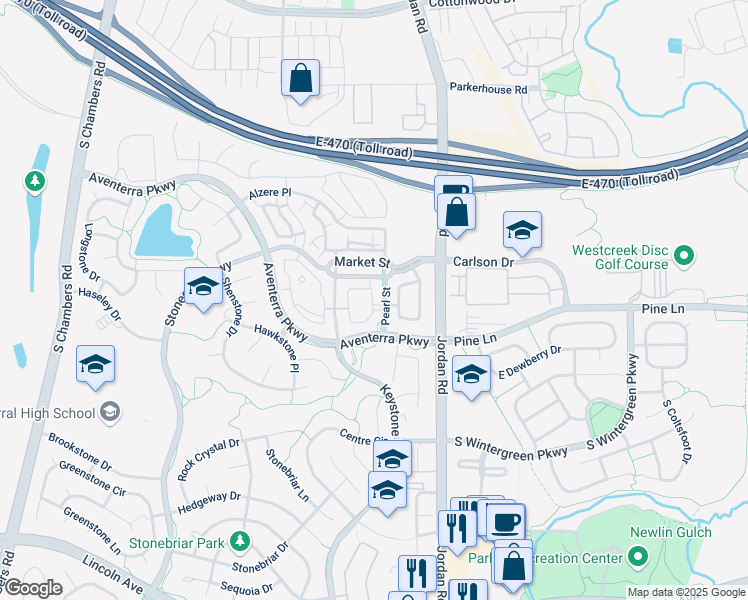 map of restaurants, bars, coffee shops, grocery stores, and more near 9511 Pearl Street in Parker