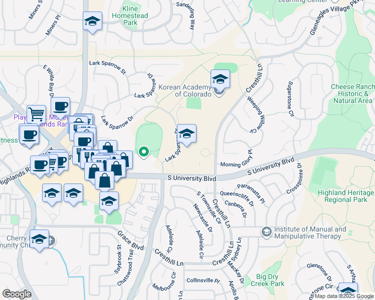 map of restaurants, bars, coffee shops, grocery stores, and more near 9375 Cresthill Lane in Highlands Ranch