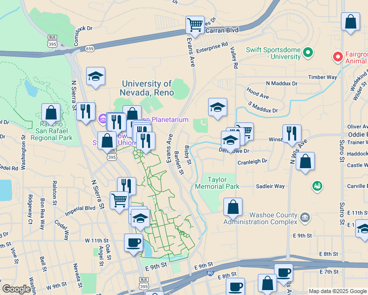 map of restaurants, bars, coffee shops, grocery stores, and more near 175 Bisby St in Reno