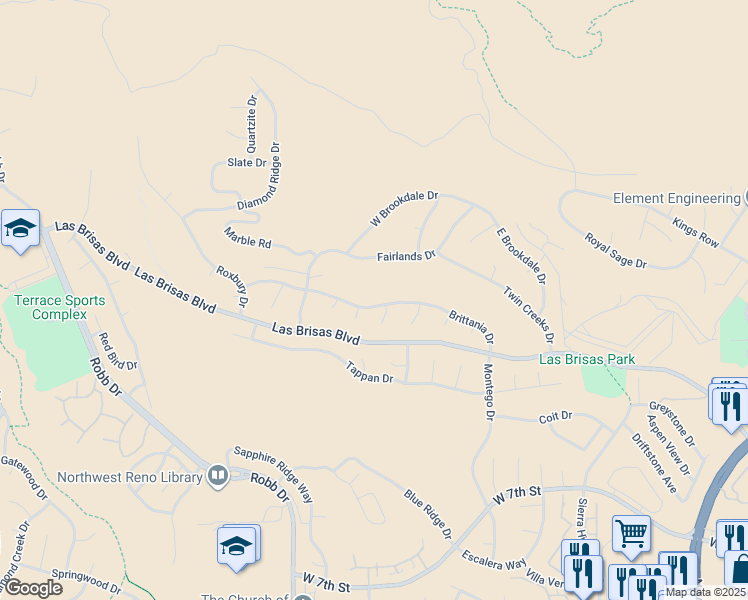 map of restaurants, bars, coffee shops, grocery stores, and more near 5661 Brittania Drive in Reno