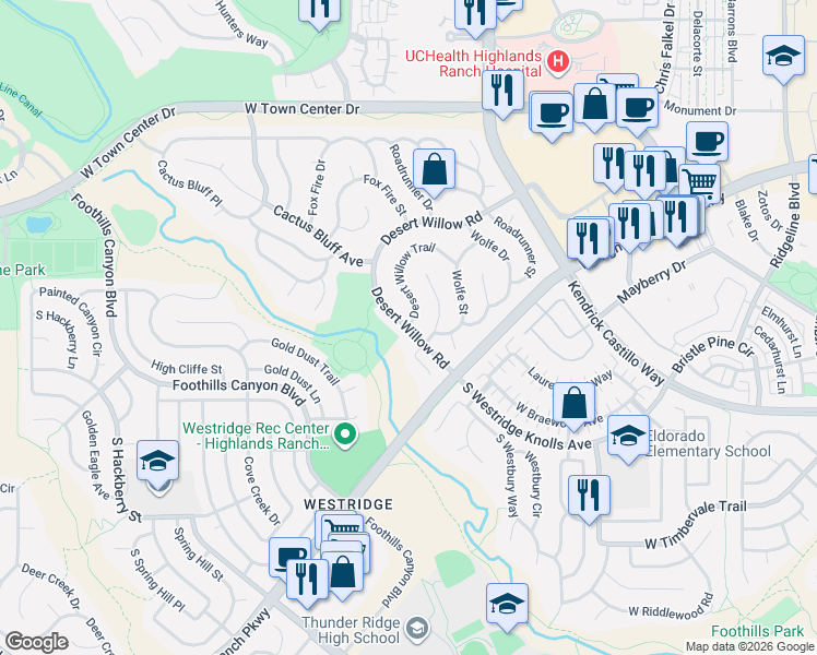 map of restaurants, bars, coffee shops, grocery stores, and more near S Desert Willow Rd in Littleton