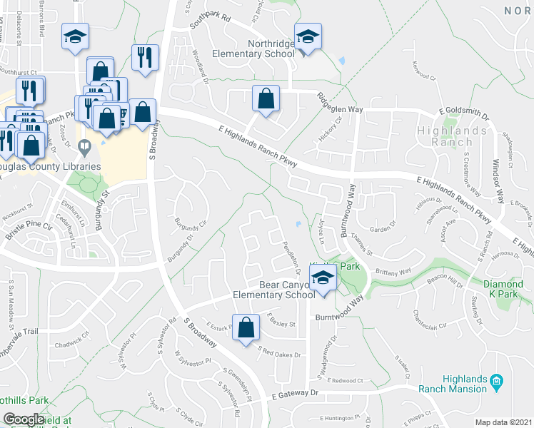 map of restaurants, bars, coffee shops, grocery stores, and more near 9448 Pendleton Drive in Littleton