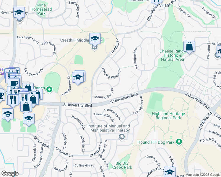 map of restaurants, bars, coffee shops, grocery stores, and more near 5209 Morning Glory Place in Highlands Ranch
