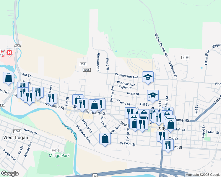 map of restaurants, bars, coffee shops, grocery stores, and more near 419 Warner Avenue in Logan
