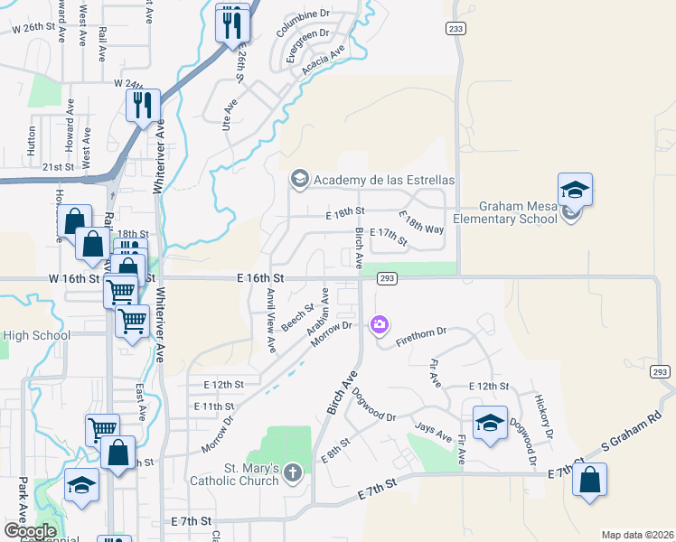 map of restaurants, bars, coffee shops, grocery stores, and more near 1100 E 16th St in Rifle