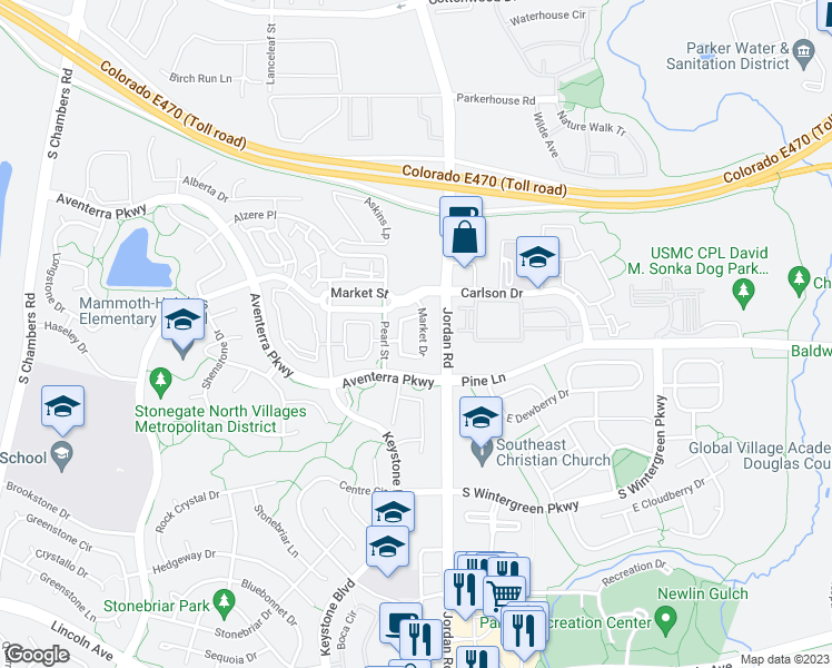 map of restaurants, bars, coffee shops, grocery stores, and more near 9447 Market Drive in Parker