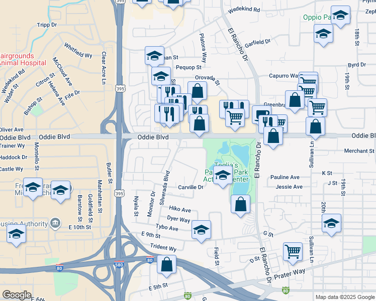 map of restaurants, bars, coffee shops, grocery stores, and more near 2300 Paradise Drive in Reno