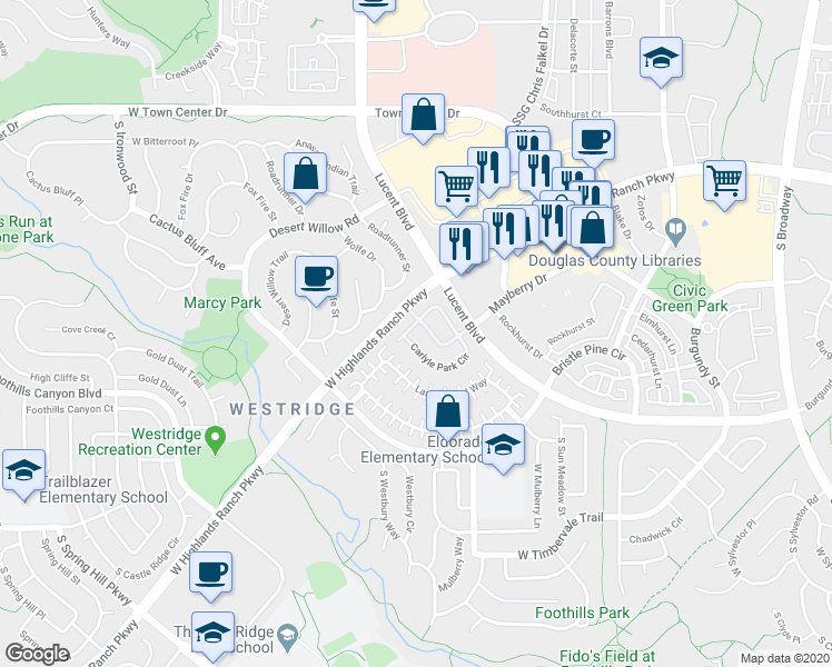 map of restaurants, bars, coffee shops, grocery stores, and more near 1414 Carlyle Park Circle in Littleton