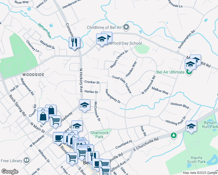 map of restaurants, bars, coffee shops, grocery stores, and more near 505 Hemingway Drive in Bel Air