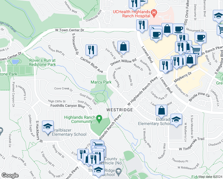 map of restaurants, bars, coffee shops, grocery stores, and more near 3235 Mill Vista Road in Highlands Ranch