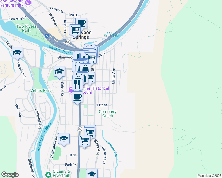 map of restaurants, bars, coffee shops, grocery stores, and more near 922 Palmer Ave in Glenwood Springs