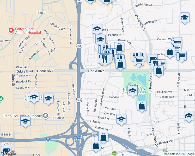 map of restaurants, bars, coffee shops, grocery stores, and more near 1331 Silverada Boulevard in Reno