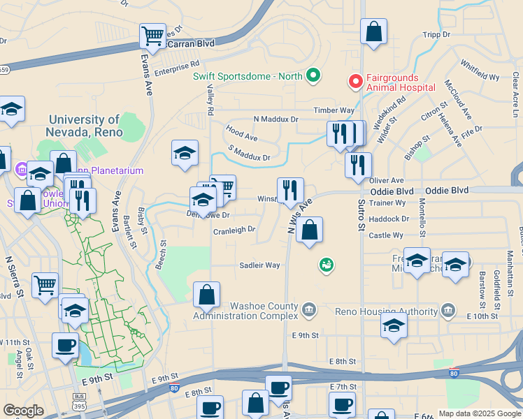 map of restaurants, bars, coffee shops, grocery stores, and more near 675 Denslowe Drive in Reno