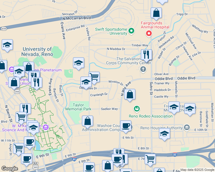 map of restaurants, bars, coffee shops, grocery stores, and more near 675 Denslowe Drive in Reno