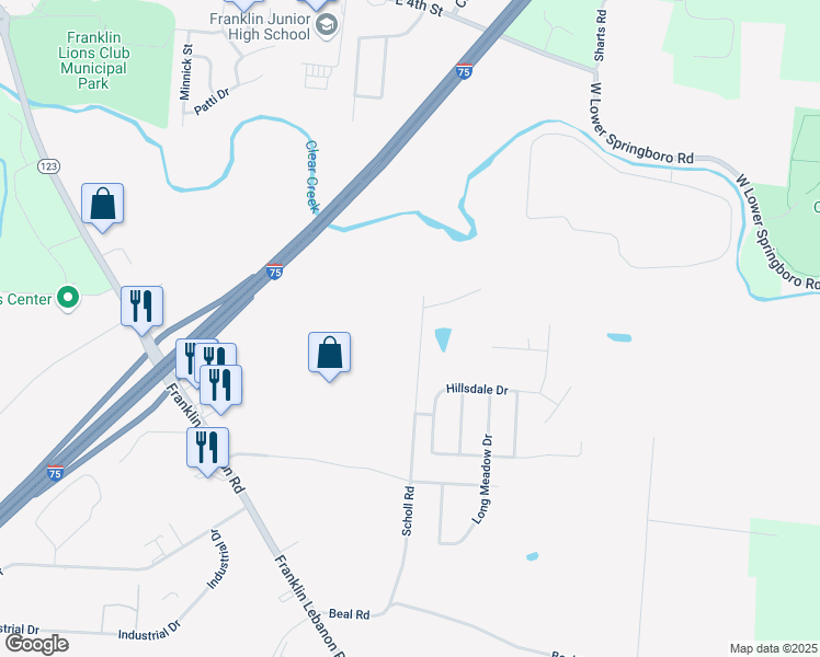 map of restaurants, bars, coffee shops, grocery stores, and more near 6975 Scholl Road in Franklin