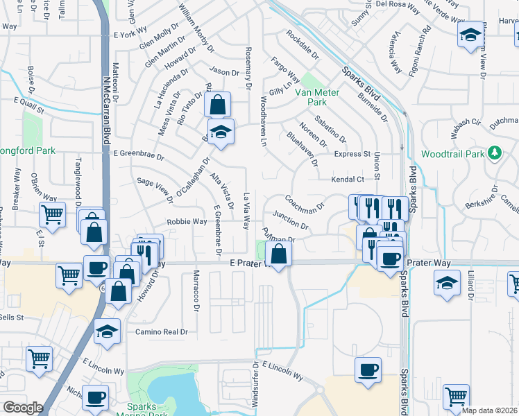map of restaurants, bars, coffee shops, grocery stores, and more near 1213 Coachman Drive in Sparks