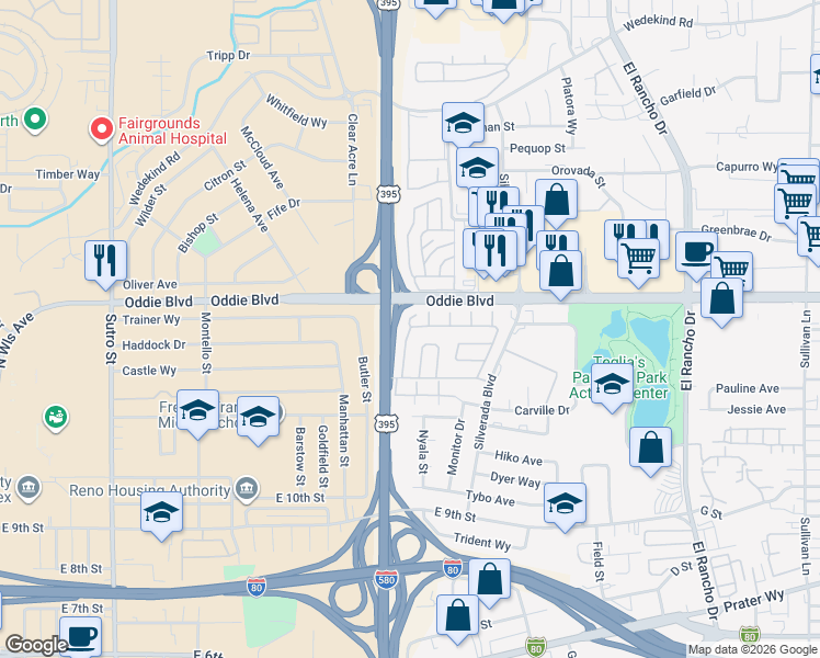 map of restaurants, bars, coffee shops, grocery stores, and more near 98 Lilac Ln in Reno