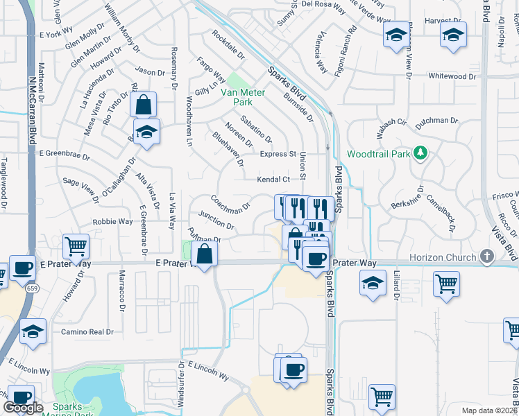 map of restaurants, bars, coffee shops, grocery stores, and more near 1155 Union Street in Sparks