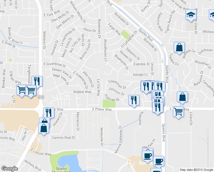 map of restaurants, bars, coffee shops, grocery stores, and more near 1213 Coachman Drive in Sparks