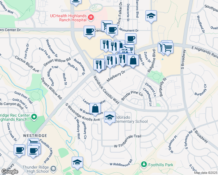 map of restaurants, bars, coffee shops, grocery stores, and more near 1200 Rockhurst Drive in Highlands Ranch