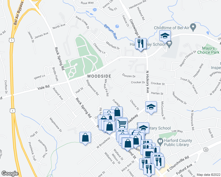 map of restaurants, bars, coffee shops, grocery stores, and more near Train Court in Bel Air