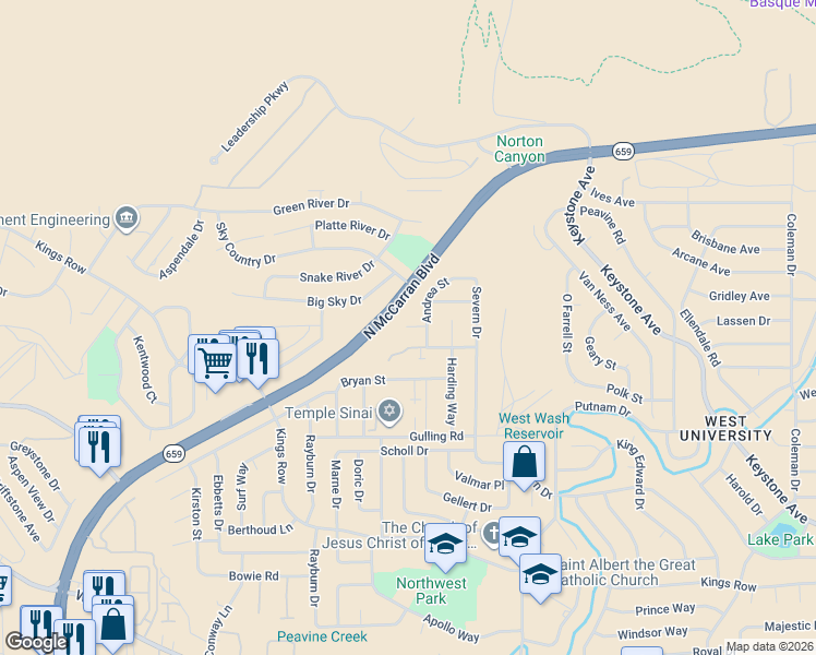 map of restaurants, bars, coffee shops, grocery stores, and more near 2640 Emily Street in Reno