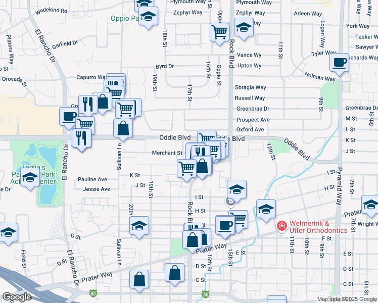 map of restaurants, bars, coffee shops, grocery stores, and more near 10 Merchant Street in Sparks