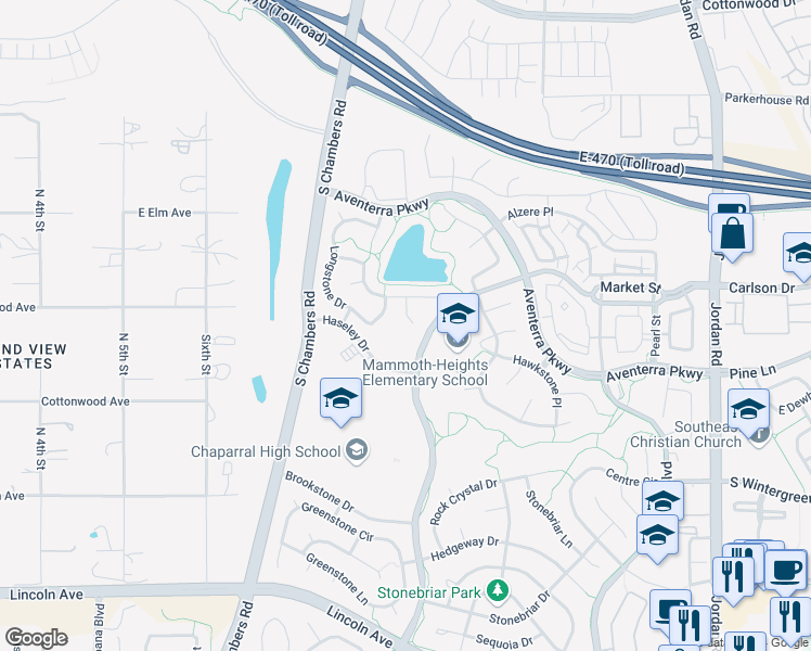 map of restaurants, bars, coffee shops, grocery stores, and more near 9515 Longford Way in Parker