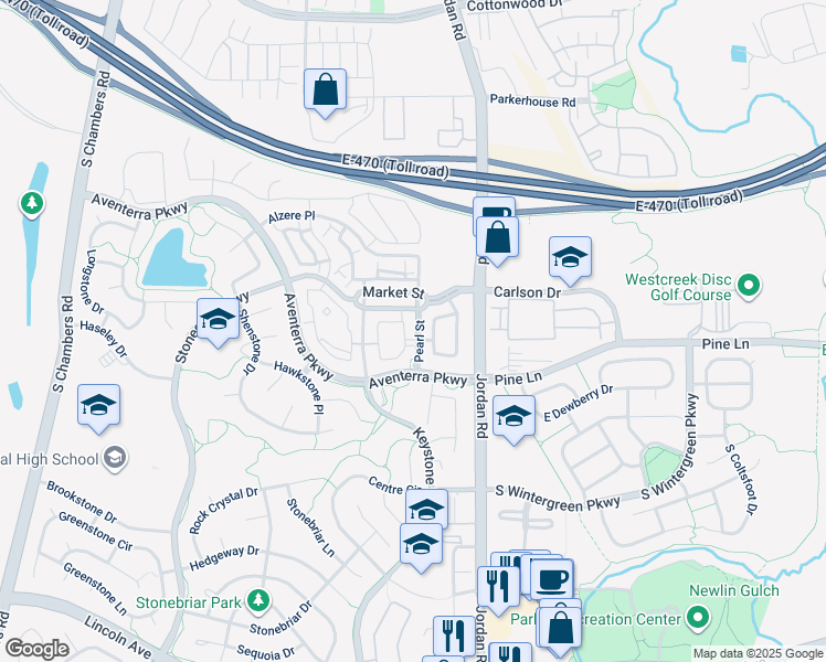 map of restaurants, bars, coffee shops, grocery stores, and more near 9511 Pearl Street in Parker