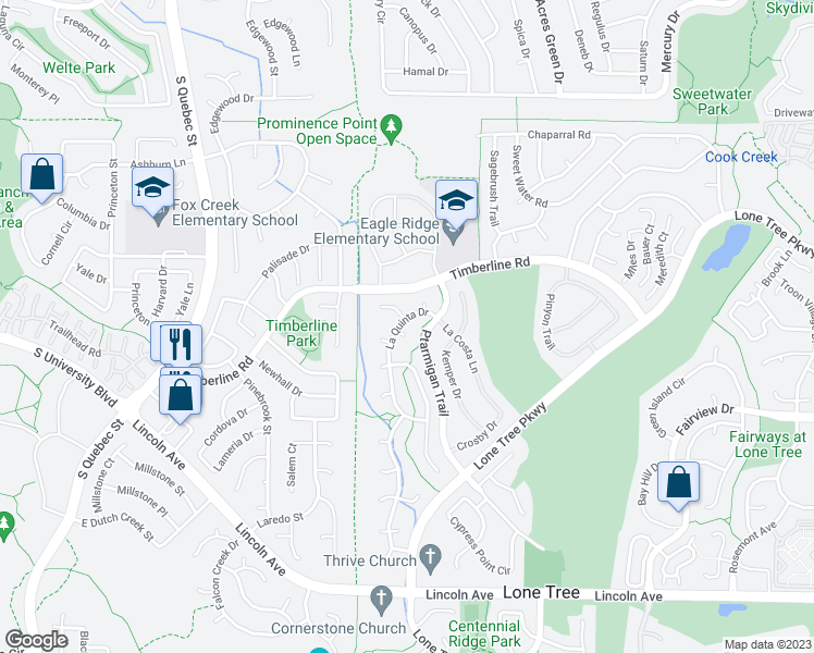 map of restaurants, bars, coffee shops, grocery stores, and more near 7501 La Quinta Cove in Lone Tree