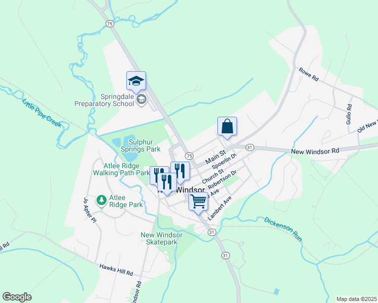 map of restaurants, bars, coffee shops, grocery stores, and more near 302 College Avenue in New Windsor
