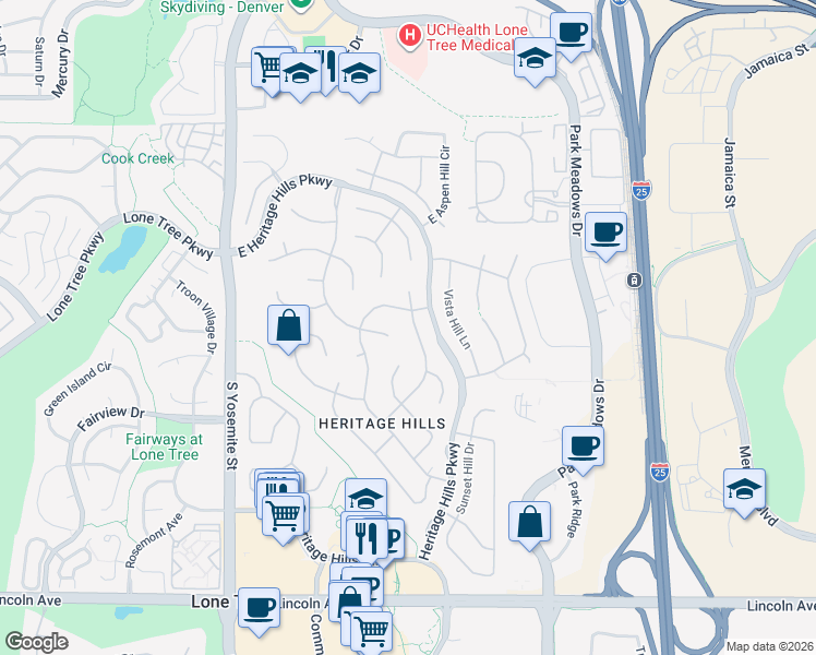 map of restaurants, bars, coffee shops, grocery stores, and more near 9425 South Silent Hills Drive in Lone Tree