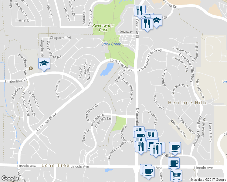 map of restaurants, bars, coffee shops, grocery stores, and more near 9448 Southern Hills Circle in Lone Tree