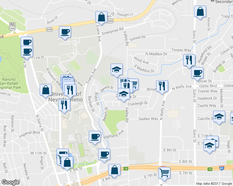 map of restaurants, bars, coffee shops, grocery stores, and more near 375 Denslowe Drive in Reno