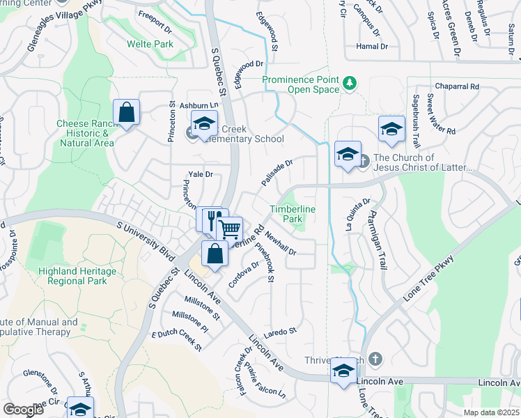 map of restaurants, bars, coffee shops, grocery stores, and more near 9474 Palisade Court in Littleton