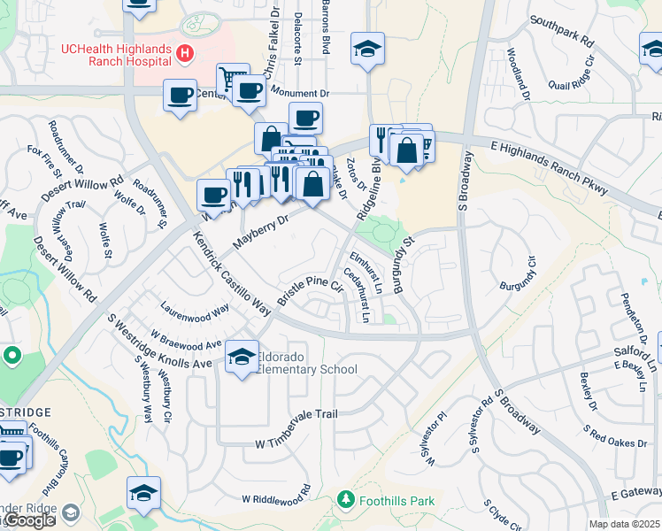 map of restaurants, bars, coffee shops, grocery stores, and more near 750 South Ridgeline Boulevard in Highlands Ranch