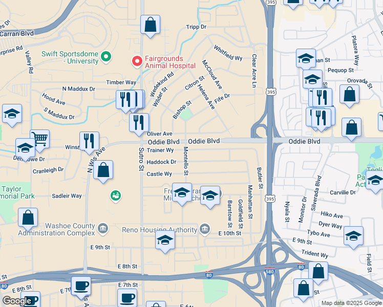 map of restaurants, bars, coffee shops, grocery stores, and more near 1520 Trainer Way in Reno