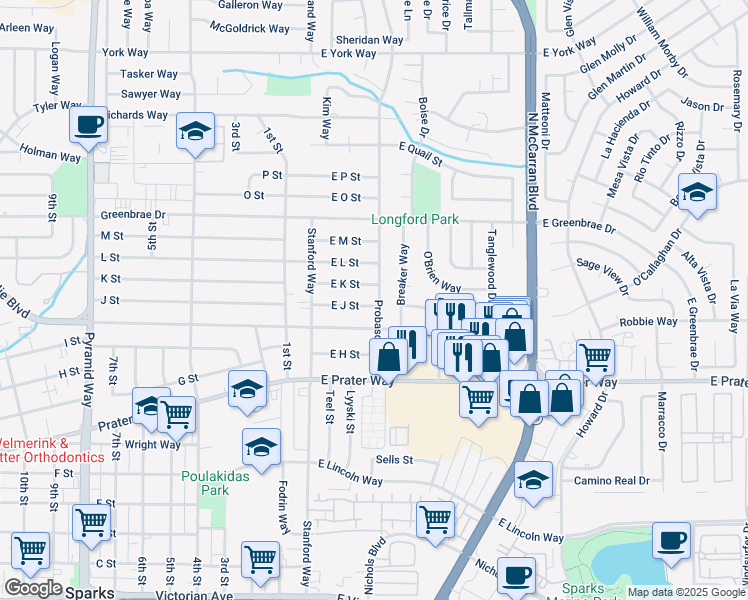 map of restaurants, bars, coffee shops, grocery stores, and more near 1203 Probasco Way in Sparks
