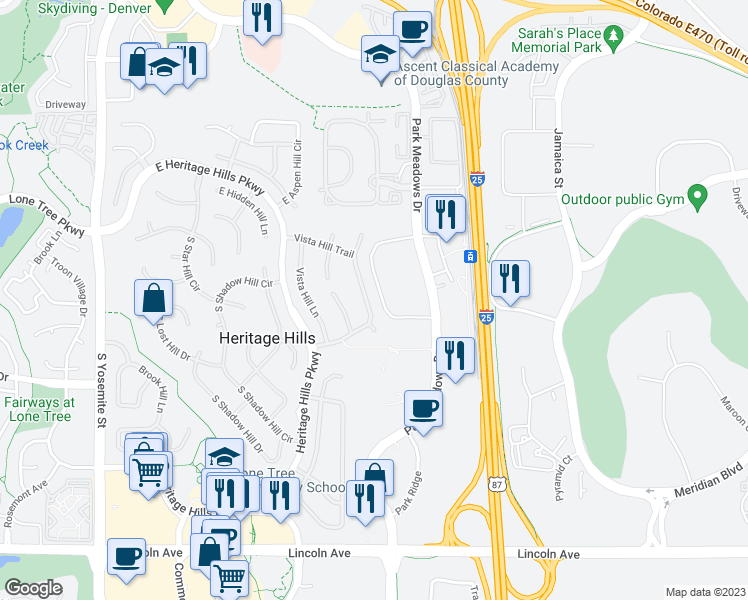 map of restaurants, bars, coffee shops, grocery stores, and more near 9452 East Winding Hill Avenue in Lone Tree