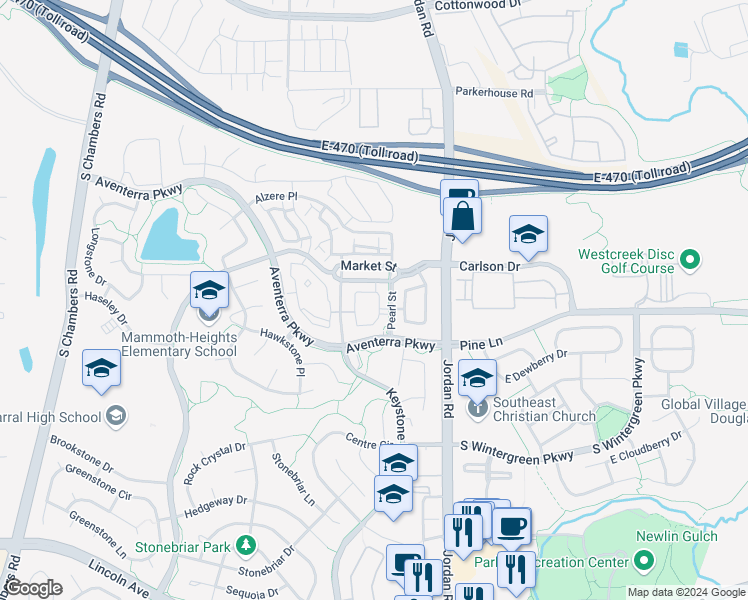 map of restaurants, bars, coffee shops, grocery stores, and more near 9511 Pearl Street in Parker