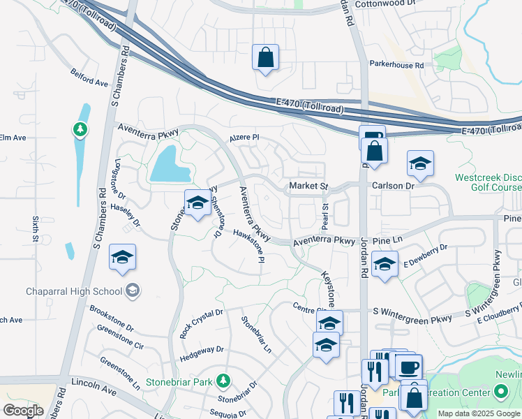 map of restaurants, bars, coffee shops, grocery stores, and more near 9447 Aventerra Parkway in Parker