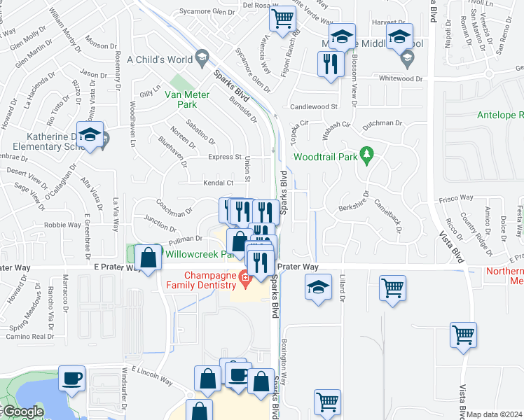 map of restaurants, bars, coffee shops, grocery stores, and more near 1450 Coupler Way in Sparks