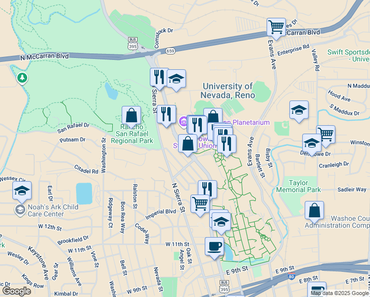 map of restaurants, bars, coffee shops, grocery stores, and more near 1560 Hillside Drive in Reno