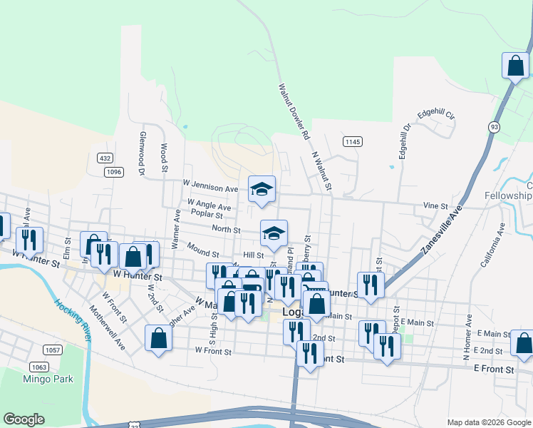 map of restaurants, bars, coffee shops, grocery stores, and more near 455 North Market Street in Logan