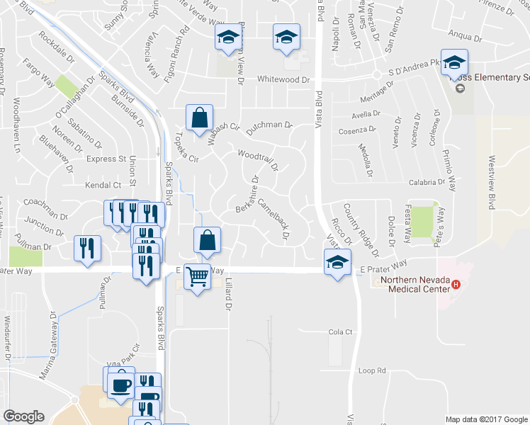 map of restaurants, bars, coffee shops, grocery stores, and more near 1829 Camelback Drive in Sparks
