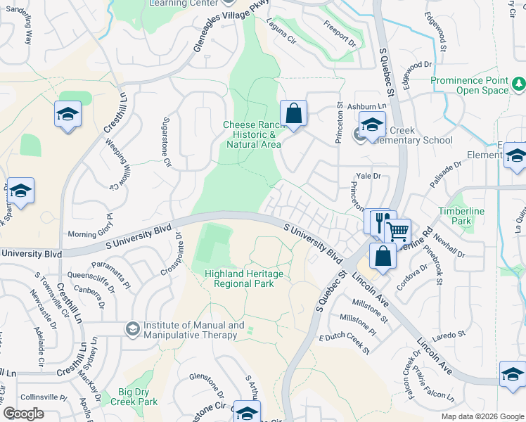 map of restaurants, bars, coffee shops, grocery stores, and more near 9467 Crossland Way in Littleton